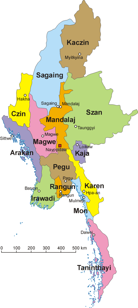 An administrative map of Burma with the Karen region in yellow.